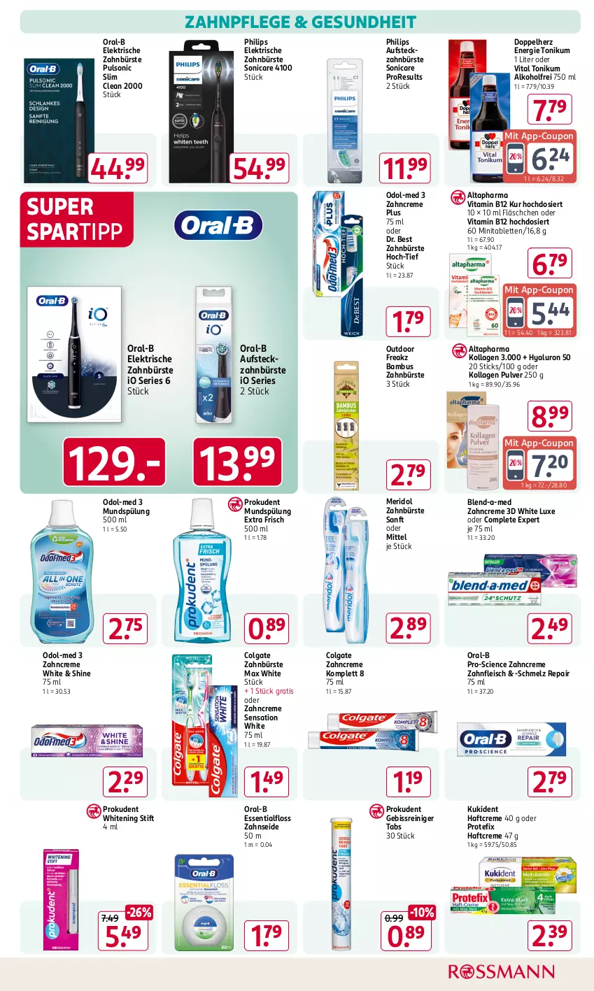 Aktueller Prospekt Rossmann - Prospekte - von 06.01 bis 31.01.2025 - strona 7 - produkty: alkohol, Altapharma, bambus, blend-a-med, bürste, Cien, colgate, coupon, creme, doppelherz, Dr. Best, eis, elektrische zahnbürste, Essentialfloss, fleisch, Gesundheit, Haftcreme, hyaluron, Kollagen, Kukident, LG, Max White, meridol, mundspülung, Odol, Odol-med 3, oral-b, Philips, Prokudent, reiniger, sonicare, spartipp, spülung, tablet, tablett, Tablette, Ti, vita, Vitamin B, zahnbürste, zahncreme, Zahnseide