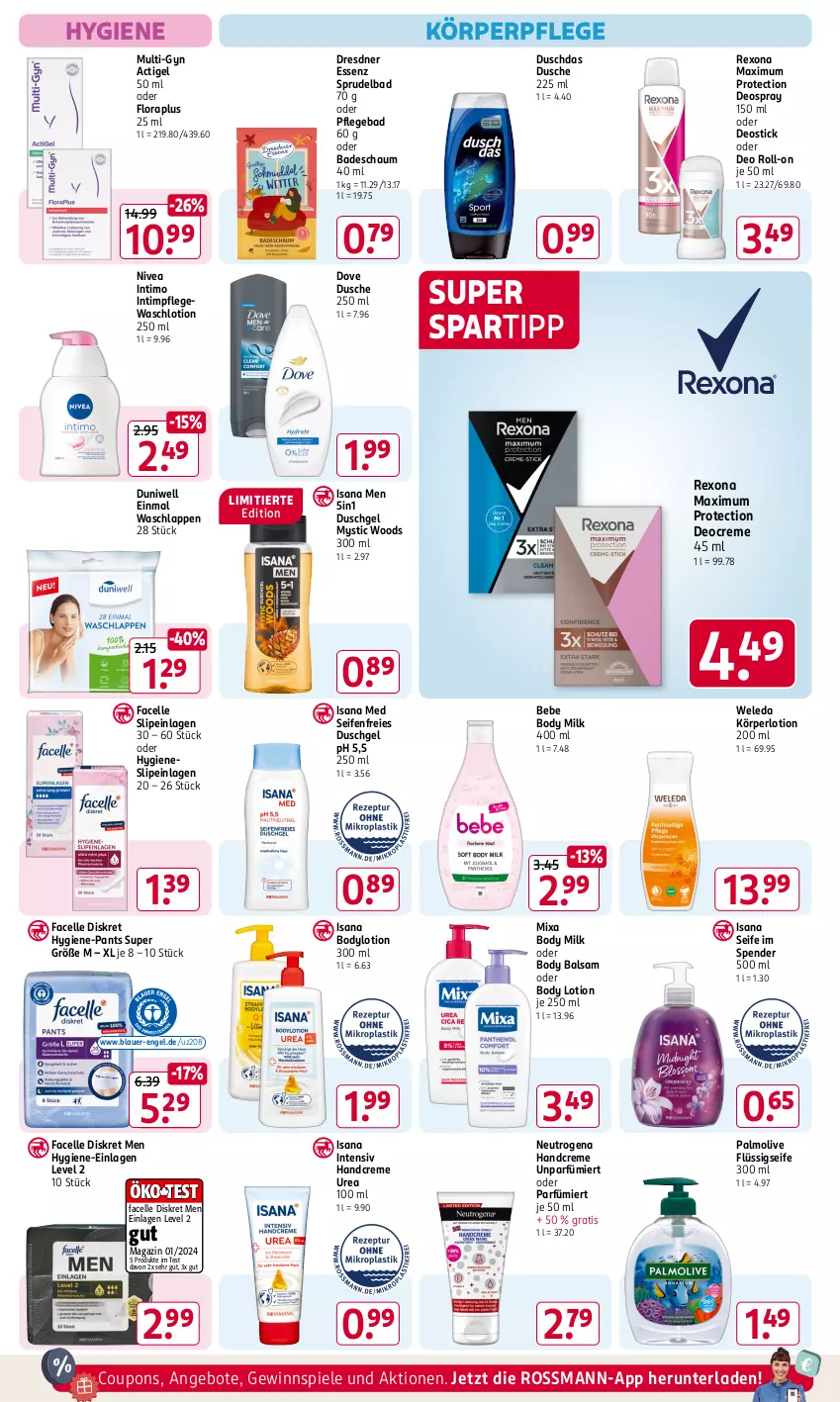 Aktueller Prospekt Rossmann - Prospekte - von 06.01 bis 31.01.2025 - strona 8 - produkty: angebot, angebote, auer, Bad, balsam, Bebe, body, body lotion, body milk, bodylotion, coupon, coupons, creme, deo, deo roll-on, Deocreme, deospray, deospray 150 ml, Deostick, dove, duni, Duniwell, duschdas, dusche, duschgel, Einmal Waschlappen, elle, Engel, Facelle, flüssigseife, gewinnspiel, handcreme, Hygiene-Pants, isana, Körperlotion, körperpflege, Lotion, magazin, Mixa, neutrogena, nivea, oder deo roll-on, olive, palmolive, Pants, rexona, roll-on, sana, Seife, slip, slipeinlagen, spartipp, Spiele, Sprudel, Sprudelbad, Ti, waschlappen, Waschlotion, weleda