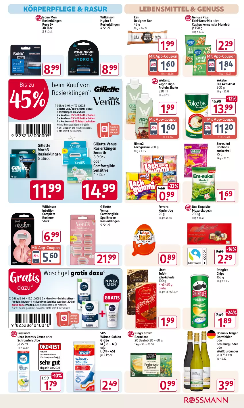 Aktueller Prospekt Rossmann - Prospekte - von 06.01 bis 31.01.2025 - strona 9 - produkty: beutel, bonbons, bree, burgunder, Cashew, cashewkerne, chips, coupon, creme, dornfelder, ferrero, Fusswohl, gesichtspflege, gillette, gillette venus, grauburgunder, isana, Kinder, körperpflege, Kugel, lachgummi, lebensmittel, lindt, mac, mach3, magazin, mandel, mandeln, nimm2, nivea, Nivea Men, nuss, pringles, rasierer, Rasierklinge, rasierklingen, ring, sana, schoko, schokolade, shake, tafelschokolade, tee, Ti, venus, waschgel, Weißburgunder, wilkinson, Yo, Yokebe, zucker