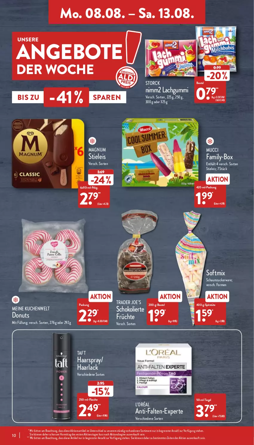 Aktueller Prospekt Aldi Nord - Aldi-Aktuell - von 08.08 bis 13.08.2022 - strona 10 - produkty: angebot, angebote, arla, beutel, Donut, donuts, eis, flasche, früchte, gin, Haarlack, haarspray, kuchen, lachgummi, lack, magnum, nimm2, Schaumzucker, schoko, stieleis, storck, Taft, Ti, Tüte, ZTE, zucker