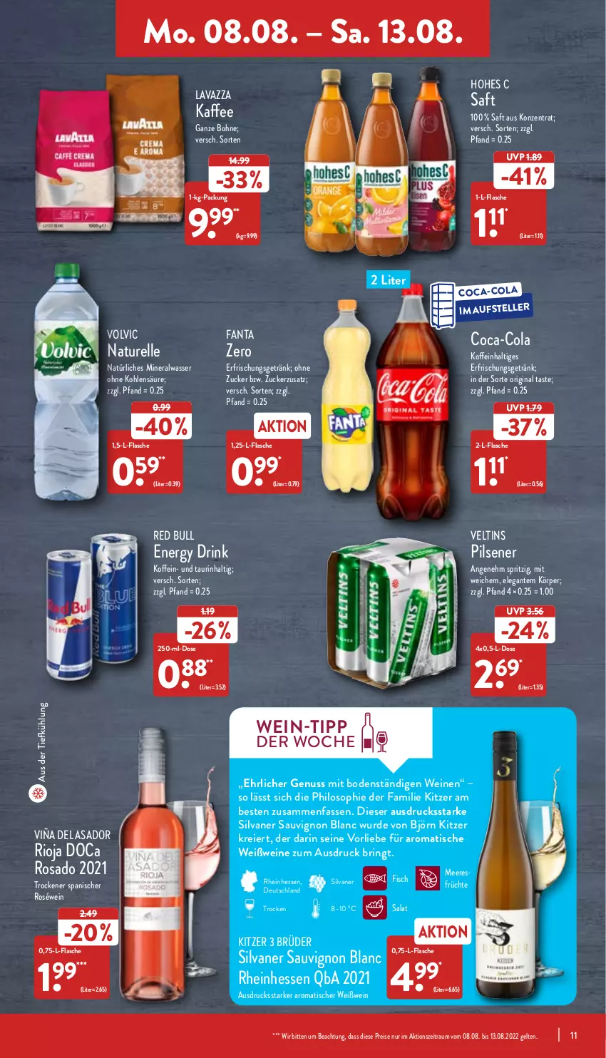 Aktueller Prospekt Aldi Nord - Aldi-Aktuell - von 08.08 bis 13.08.2022 - strona 11 - produkty: Alwa, aus der tiefkühlung, bohne, coca-cola, cola, drink, eier, eis, elle, energy drink, erfrischungsgetränk, fanta, fisch, flasche, früchte, getränk, gin, Hohes C, kaffee, lavazza, meeresfrüchte, mineralwasser, natur, natürliches mineralwasser, nuss, pils, pilsener, red bull, reis, rel, ring, rioja, roséwein, saft, salat, sauvignon, sauvignon blanc, silvaner, teller, Ti, tisch, veltins, volvic, wasser, wein, weine, Weißwein, zucker