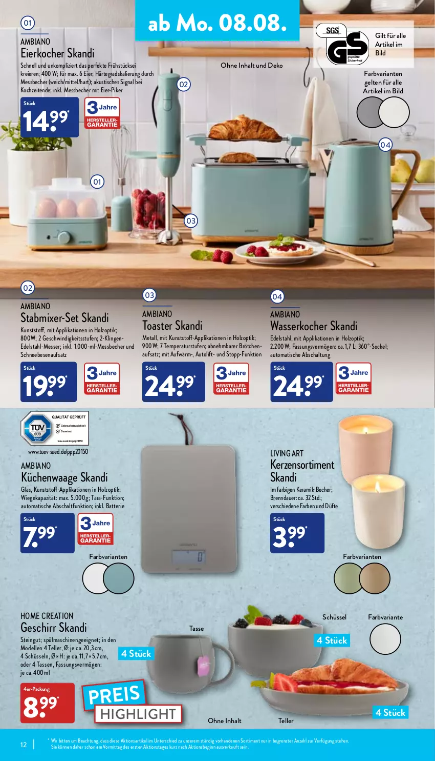 Aktueller Prospekt Aldi Nord - Aldi-Aktuell - von 08.08 bis 13.08.2022 - strona 12 - produkty: ambia, auer, auto, batterie, Becher, brötchen, dell, edelstahl, eier, Eierkocher, eis, elle, geschirr, gin, Holz, kerze, Kocher, küche, Küchen, Küchenwaage, Messbecher, messer, Mixer, Mode, reis, Ria, Schal, Schneebesen, schüssel, Signal, spülmaschinen, stabmixer, tasse, teller, Ti, tisch, toast, toaster, Waage, wasser, wasserkocher, ZTE