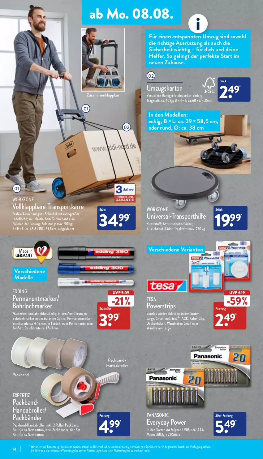 Aktueller Prospekt Aldi Nord - Aldi-Aktuell - von 08.08 bis 13.08.2022 - strona 14 - produkty: asti, Brei, brie, decke, dell, elle, expertiz, Germ, gin, kraft, Mode, Packband, panasonic, Ria, Roller, Sport, tesa, Ti, tisch, transportkarre, umzugskarton, wasser, ZTE