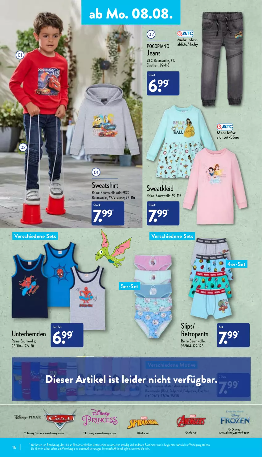 Aktueller Prospekt Aldi Nord - Aldi-Aktuell - von 08.08 bis 13.08.2022 - strona 16 - produkty: aldi, Bau, baumwolle, bio, disney, gin, hemd, hemden, jeans, kleid, Pants, pocopiano, reine baumwolle, Retropants, Ria, shirt, slip, slips, socken, Sweatkleid, Sweatshirt, Ti, Unterhemd, unterhemden, wolle, ZTE