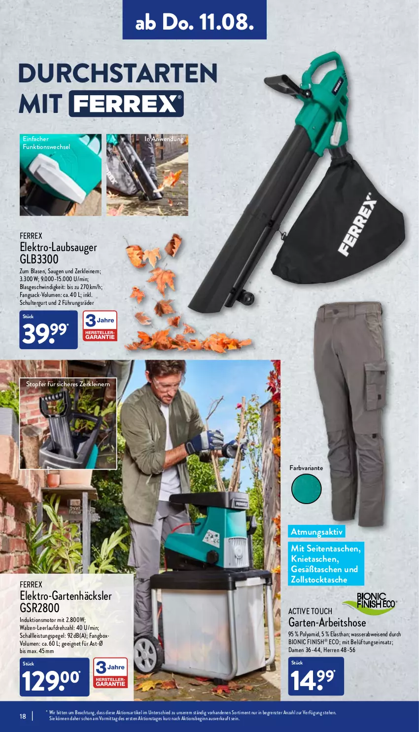 Aktueller Prospekt Aldi Nord - Aldi-Aktuell - von 08.08 bis 13.08.2022 - strona 18 - produkty: active touch, bio, eis, Elektro, ferrex, Finish, Garten, Gartenhäcksler, gin, hose, Laubsauger, leine, Ria, sac, Schal, schultergurt, Tasche, taschen, Ti, topf, wasser, ZTE