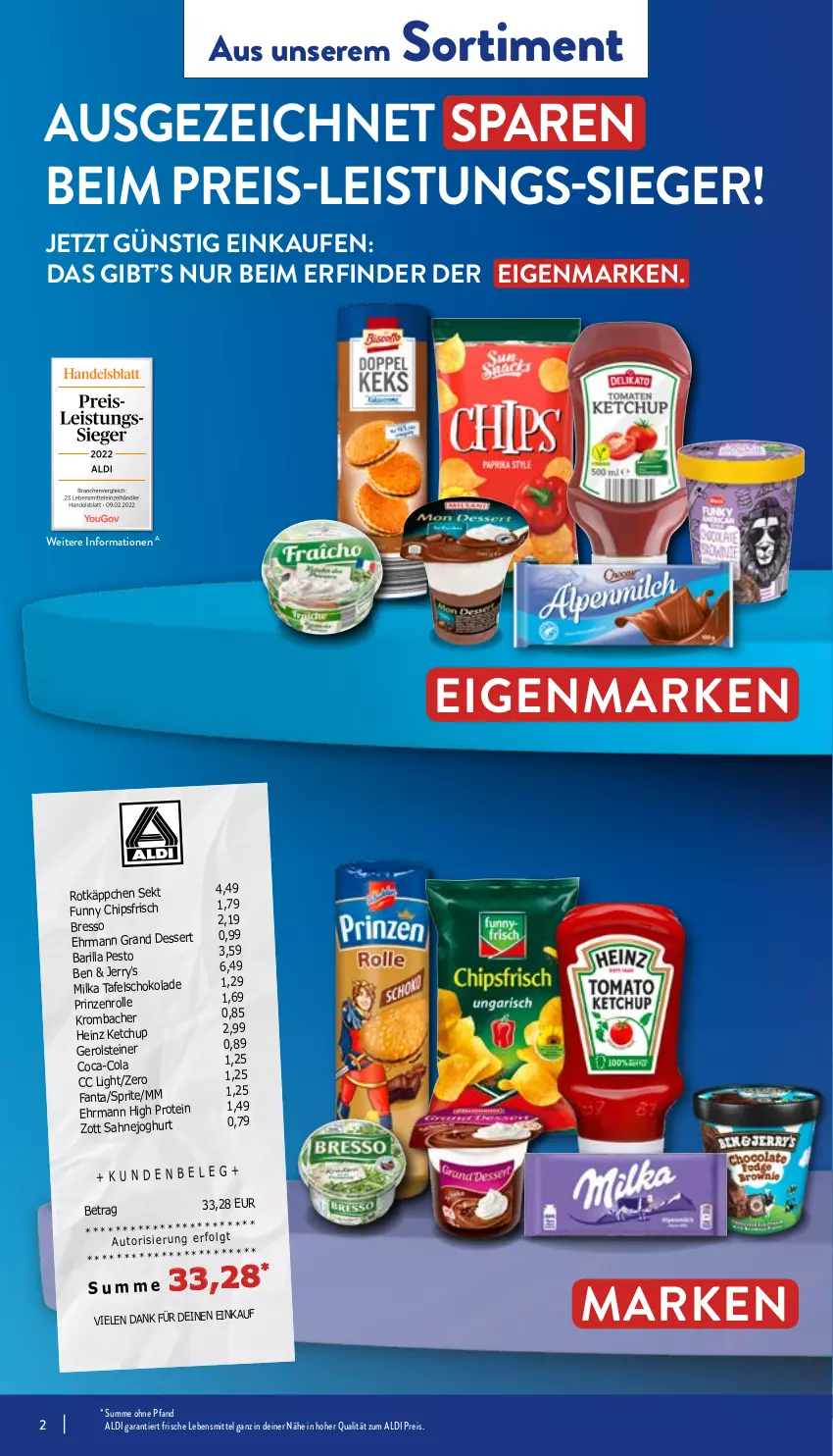 Aktueller Prospekt Aldi Nord - Aldi-Aktuell - von 08.08 bis 13.08.2022 - strona 2 - produkty: aldi, barilla, bresso, chips, chipsfrisch, coca-cola, cola, dessert, ehrmann, Ehrmann Grand Dessert, eis, fanta, gerolsteine, gerolsteiner, heinz, joghur, joghurt, ketchup, krombache, krombacher, lebensmittel, LG, milka, pesto, prinzenrolle, reis, rotkäppchen, sahne, Sahnejoghurt, schoko, schokolade, sekt, sprite, steiner, tafelschokolade, Ti, zott