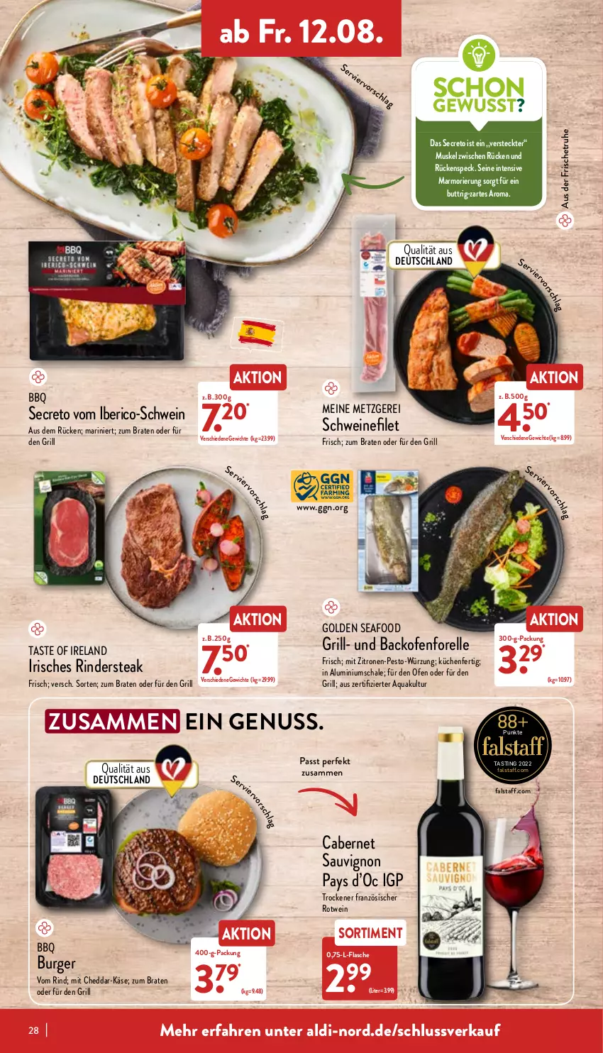 Aktueller Prospekt Aldi Nord - Aldi-Aktuell - von 08.08 bis 13.08.2022 - strona 28 - produkty: aldi, aqua, asti, backofen, braten, burger, cabernet, cabernet sauvignon, cheddar, Elan, elle, filet, flasche, forelle, grill, Käse, küche, Küchen, nuss, Ofen, pesto, rel, rind, rinder, Rindersteak, rotwein, sauvignon, Schal, Schale, schwein, schweine, schweinefilet, Speck, steak, Ti, wein, weine, zitrone, zitronen