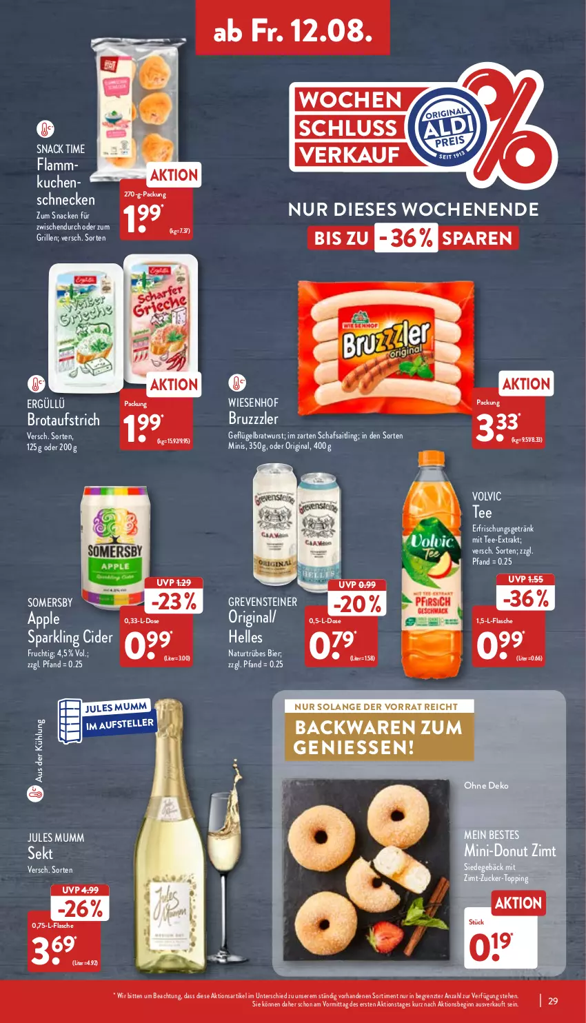 Aktueller Prospekt Aldi Nord - Aldi-Aktuell - von 08.08 bis 13.08.2022 - strona 29 - produkty: Apple, aufstrich, backwaren, bier, bratwurst, brot, brotaufstrich, bruzzzler, cider, Donut, elle, erfrischungsgetränk, flammkuchen, flasche, frucht, Geflügel, getränk, gin, grevensteiner, grill, jules mumm, kuchen, lamm, mumm, natur, sekt, snack, snack time, somersby, steiner, tee, teller, Ti, volvic, wiesenhof, wurst, ZTE, zucker