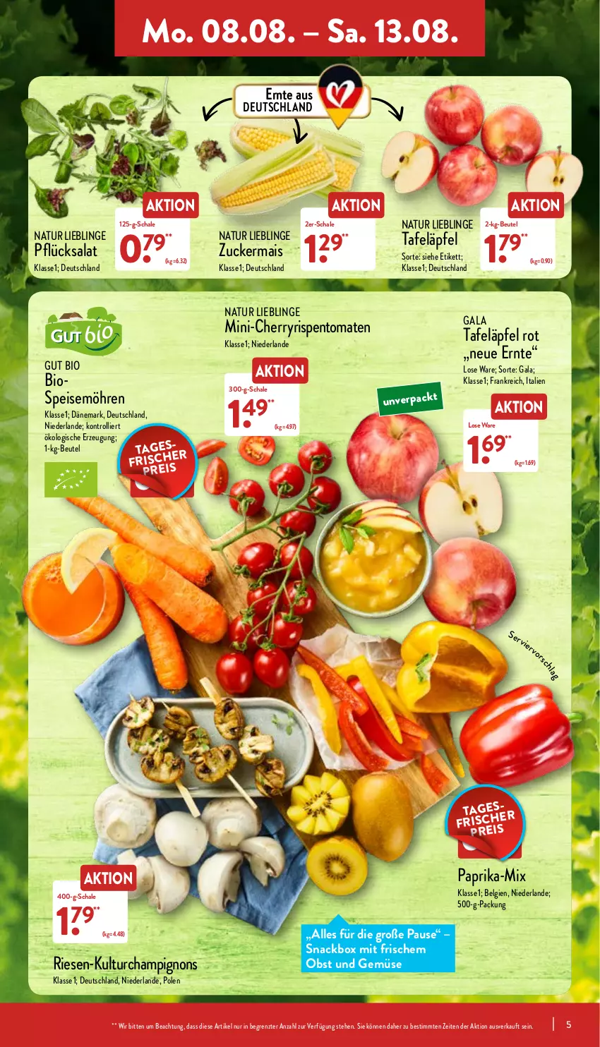 Aktueller Prospekt Aldi Nord - Aldi-Aktuell - von 08.08 bis 13.08.2022 - strona 5 - produkty: beutel, bio, champignon, champignons, eis, LG, mais, möhren, natur, obst, Obst und Gemüse, paprika, reis, rispentomaten, salat, Schal, Schale, snack, speisemöhren, tafeläpfel, Ti, tomate, tomaten, trolli, und gemüse, ZTE, zucker, zuckermais