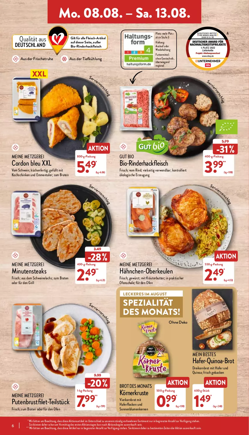 Aktueller Prospekt Aldi Nord - Aldi-Aktuell - von 08.08 bis 13.08.2022 - strona 6 - produkty: aus der tiefkühlung, bio, blume, blumen, braten, brot, brustfilet, butter, cordon bleu, eis, emmentaler, filet, fleisch, geback, gewürz, gin, grill, hackfleisch, hafer, kochschinken, korn, Kornbrot, kräuter, kräuterbutter, küche, Küchen, lachs, minutensteaks, Ofen, pute, putenbrust, putenbrustfilet, quinoa, rind, rinder, rinderhackfleisch, rwe, Schal, Schale, schinken, schwein, schweine, Schweinelachs, sonnenblume, sonnenblumen, Sonnenblumenkerne, sonnenblumenkernen, Spezi, steak, steaks, Ti, tisch, trolli, wein, weine, ZTE