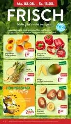 Gazetka promocyjna Aldi Nord - Aldi-Aktuell - Gazetka - ważna od 13.08 do 13.08.2022 - strona 4 - produkty: aldi, ananas, angebot, aprikose, aprikosen, Elan, kiwi, Kiwi Gold, Löffel, mango, natur, obst, Obst und Gemüse, paprika, paprika rot, saft, Schal, Schale, snack, Ti, tisch, und gemüse, zespri, ZTE, zucker