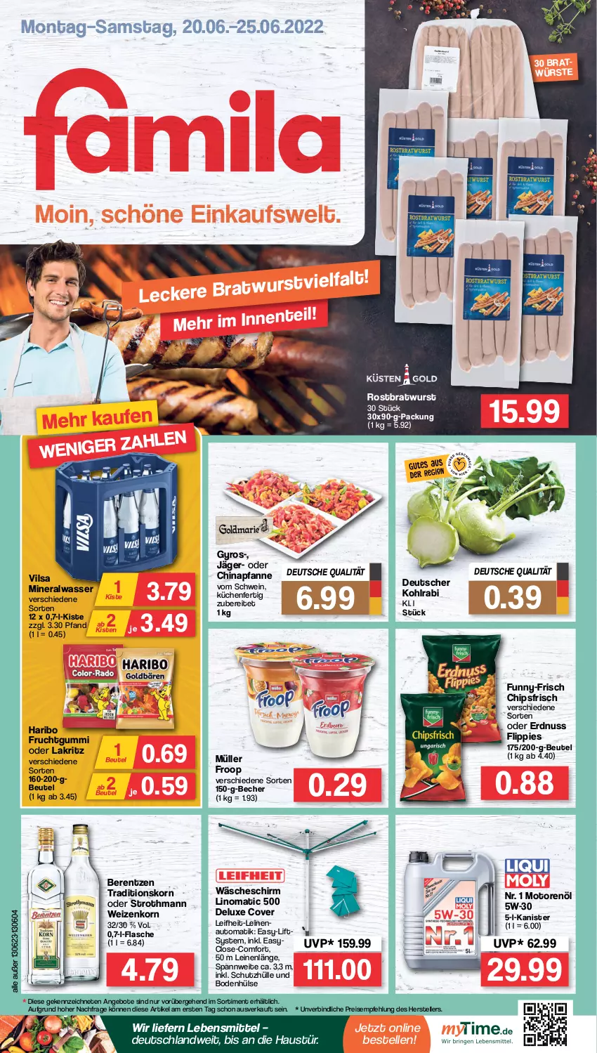 Aktueller Prospekt Famila - Prospekte - von 20.06 bis 25.06.2022 - strona 1 - produkty: Alwa, angebot, angebote, aust, auto, Becher, berentzen, beutel, bratwurst, chips, chipsfrisch, eis, elle, erdnuss, flasche, flippies, froop, frucht, fruchtgummi, funny-frisch, gyros, haribo, kohlrabi, korn, küche, Küchen, Lakritz, lebensmittel, leifheit, leine, mineralwasser, motorenöl, Müller, müller froop, nuss, oder lakritz, pfanne, reis, rostbratwurst, schutzhülle, schwein, teller, Ti, vilsa, wäscheschirm, wasser, wein, weizenkorn, wurst