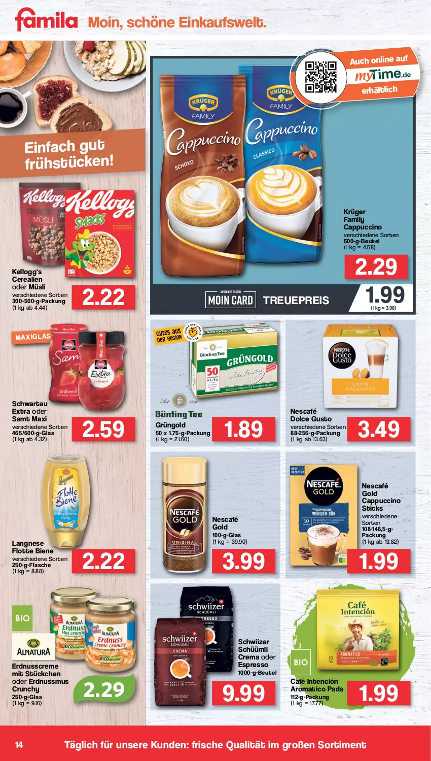 Aktueller Prospekt Famila - Prospekte - von 20.06 bis 25.06.2022 - strona 14 - produkty: beutel, Cap, cappuccino, cerealien, cerealien oder müsli, cin, creme, dolce gusto, eis, erdnuss, espresso, flasche, Kellogg‘s, krüger, langnese, müsli, Nescafé, nescafé gold, nuss, oder espresso, reis, Schwartau, Ti