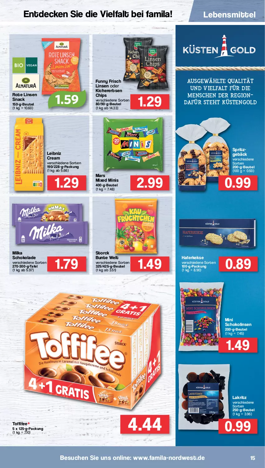 Aktueller Prospekt Famila - Prospekte - von 20.06 bis 25.06.2022 - strona 15 - produkty: beutel, chips, decke, erbsen, Funny Frisch, hafer, keks, kekse, kichererbsen, Kichererbsen Chips, küstengold, Lakritz, lebensmittel, leibniz, linsen, Linsen Snack, mars, milka, milka schokolade, Rote Linsen, schoko, schokolade, Schokolinsen, snack, storck, toffifee