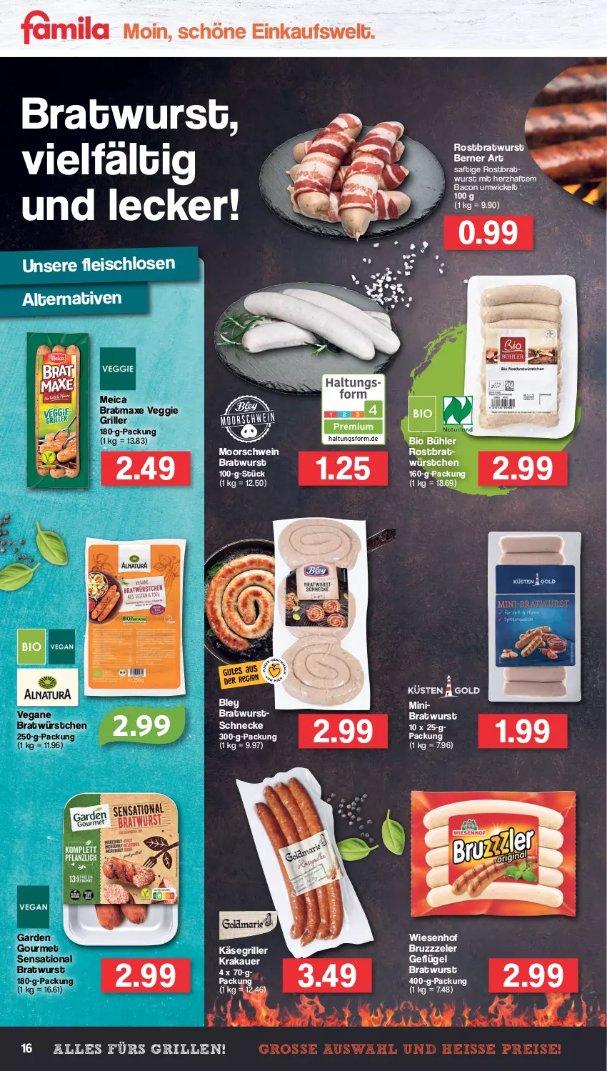 Aktueller Prospekt Famila - Prospekte - von 20.06 bis 25.06.2022 - strona 16 - produkty: auer, axe, bacon, bio, bley, bratmaxe, bratwurst, eis, fleisch, garden gourmet, Geflügel, grill, Käse, krakauer, meica, reis, rostbratwurst, saft, schwein, Ti, veggie, wein, WICK, wiesenhof, wurst, würstchen