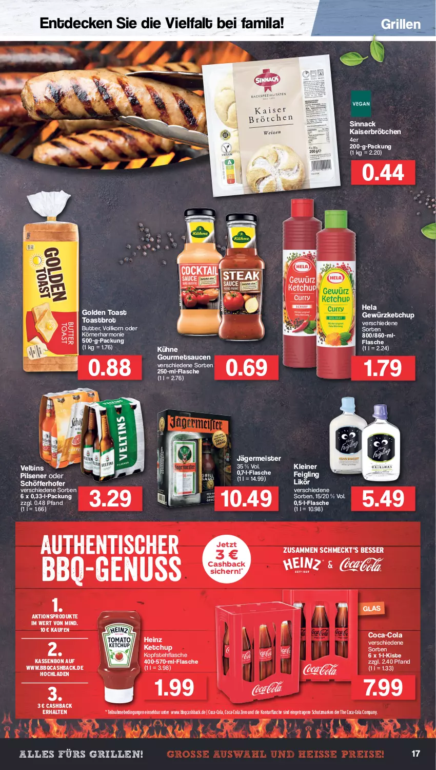 Aktueller Prospekt Famila - Prospekte - von 20.06 bis 25.06.2022 - strona 17 - produkty: brot, brötchen, butter, coca-cola, cola, decke, eis, flasche, Germ, gewürz, gewürzketchup, golden toast, grill, heinz, Hela, jägermeister, Kaiser, ketchup, kleiner feigling, korn, Kühne, leine, likör, Meister, pils, pilsener, reis, sauce, saucen, schöfferhofer, sinnack, Ti, toast, Toastbrot, veltins, veltins pilsener