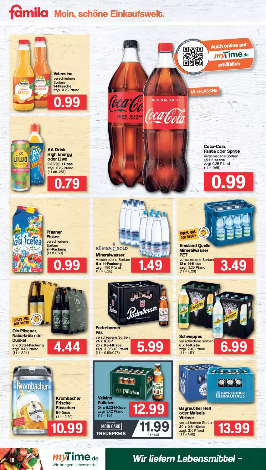 Aktueller Prospekt Famila - Prospekte - von 20.06 bis 25.06.2022 - strona 18 - produkty: Alwa, coca-cola, cola, drink, eis, eistee, elle, fanta, fanta oder, fanta oder sprite, flasche, krombache, krombacher, lebensmittel, mais, mineralwasser, natur, oder sprite, pfanne, Pfanner, pils, pilsener, reis, schweppes, sprite, tee, Ti, valensina, veltins, wasser