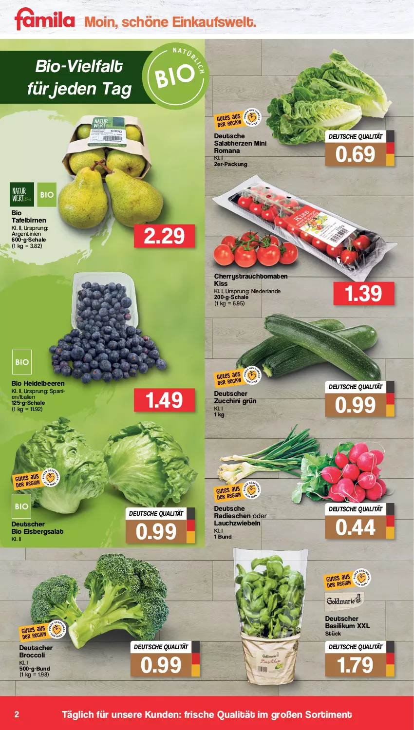 Aktueller Prospekt Famila - Prospekte - von 20.06 bis 25.06.2022 - strona 2 - produkty: basilikum, beere, beeren, bio, Birnen, broccoli, eis, eisbergsalat, heidelbeere, heidelbeeren, Lauchzwiebel, lauchzwiebeln, radieschen, Rauch, salat, salatherzen, Schal, Schale, tafelbirnen, Ti, tomate, tomaten, zucchini, zwiebel, zwiebeln