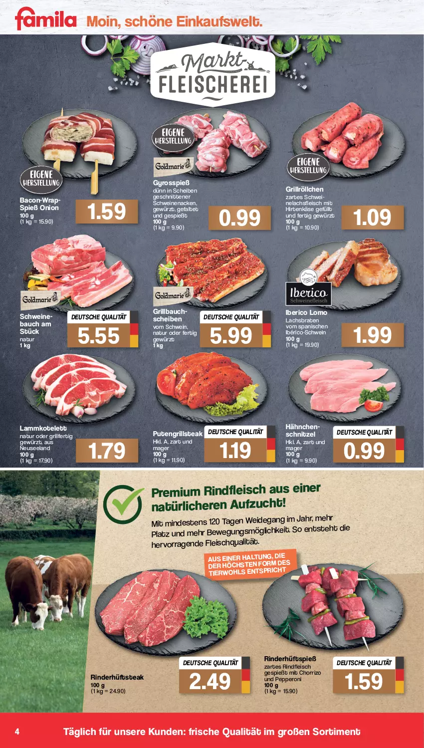 Aktueller Prospekt Famila - Prospekte - von 20.06 bis 25.06.2022 - strona 4 - produkty: bacon, Bau, bauchscheiben, braten, eis, Elan, fleisch, gewürz, grill, Grillbauch, gyros, Hähnchenschnitzel, hirtenkäse, hüftsteak, Käse, kotelett, lachs, Lachsbraten, lamm, lammkotelett, natur, Peroni, pute, rind, rinder, rindfleisch, schnitten, schnitzel, schwein, schweine, Schweinebauch, Schweinelachs, schweinenacken, steak, Ti, wein, weine, wrap, wraps