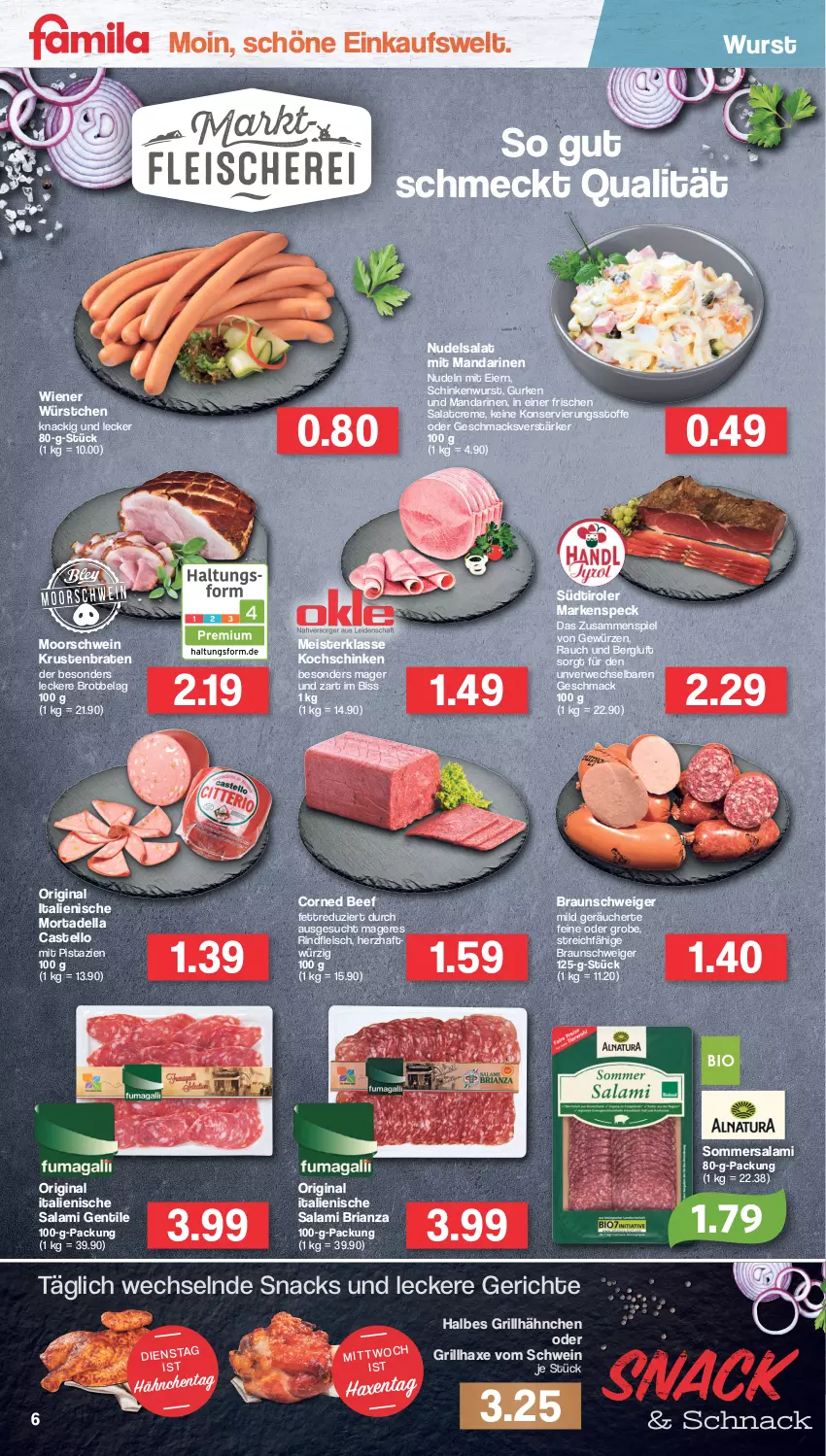 Aktueller Prospekt Famila - Prospekte - von 20.06 bis 25.06.2022 - strona 6 - produkty: axe, beef, braten, braun, brot, corned beef, creme, dell, eier, eis, fleisch, gewürz, gin, grill, grillhähnchen, grillhaxe, gurke, gurken, Haxe, kochschinken, krustenbraten, mac, mandarine, mandarinen, Meister, mit pistazien, mortadella, nudel, nudeln, nudelsalat, pistazien, Rauch, Ria, rind, rindfleisch, rwe, salami, salat, salatcreme, schinken, schinkenwurst, schwein, snack, snacks, Speck, südtiroler, Ti, wein, wiener, wiener würstchen, wurst, würstchen