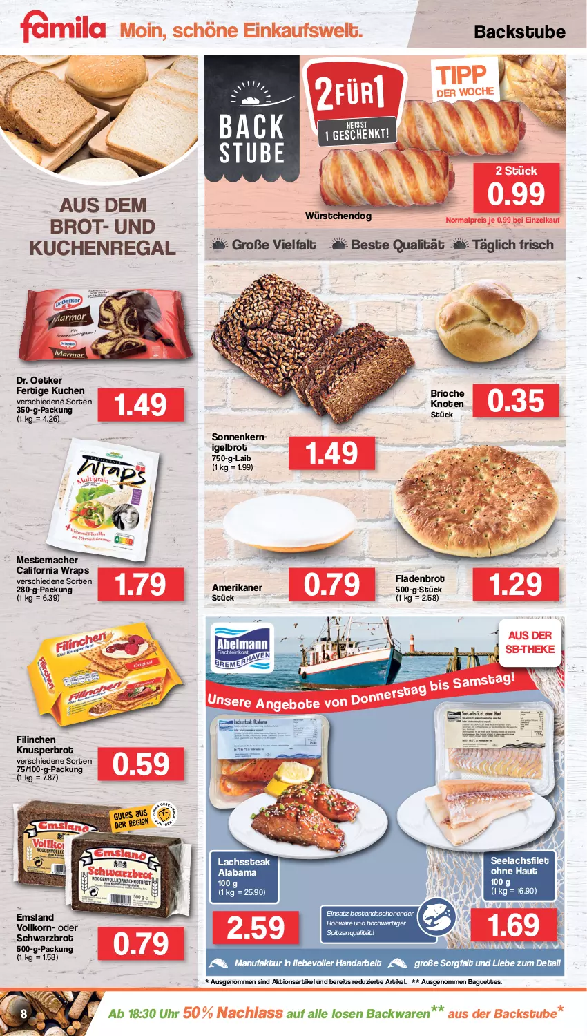 Aktueller Prospekt Famila - Prospekte - von 20.06 bis 25.06.2022 - strona 8 - produkty: backwaren, baguette, baguettes, brot, Dr. Oetker, eis, Faktu, filet, Fladenbrot, korn, kuchen, lachs, lachsfilet, mac, mestemacher, regal, reis, Schwarzbrot, seelachsfilet, spitzenqualität, steak, stube, Ti, uhr, wrap, wraps, würstchen