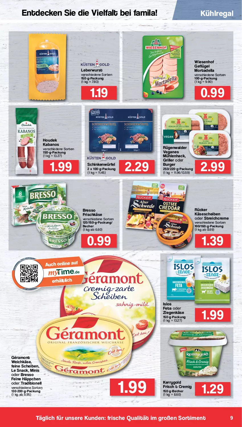 Aktueller Prospekt Famila - Prospekte - von 20.06 bis 25.06.2022 - strona 9 - produkty: Becher, bresso, burger, creme, decke, dell, feta, frischkäse, Geflügel, géramont, grill, houdek, kabanos, Käse, käsescheiben, kerrygold, kühlregal, leberwurst, mortadella, regal, rügenwalder, schinken, snack, Ti, weichkäse, wiesenhof, würfel, wurst, ziegenkäse