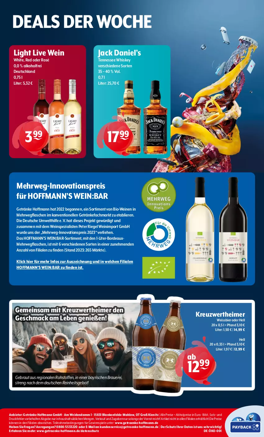 Aktueller Prospekt Getraenke Hoffmann - Prospekte - von 29.01 bis 03.02.2024 - strona 6 - produkty: abholpreise, alkohol, auer, bier, bio, Bio-Wein, eimer, eis, elle, flasche, getränk, getränke, gewinnspiel, jack daniel, Jack Daniel’s, mac, reis, riegel, rwe, Spezi, Spiele, tennessee whiskey, Ti, wein, weine, weissbier, whiskey