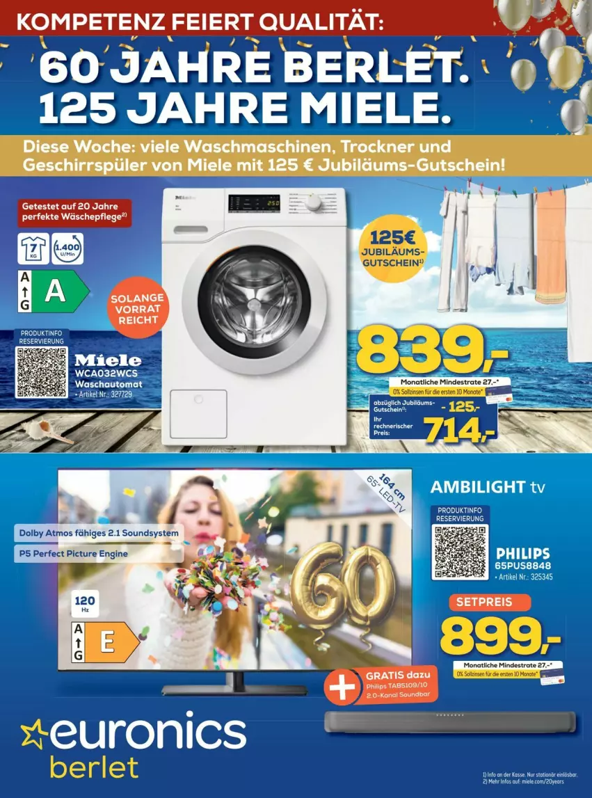 Aktueller Prospekt Euronics - Prospekte - von 05.08 bis 31.08.2024 - strona 1 - produkty: auto, eis, gutschein, Jubiläums, miele, reis, soundbar, Ti