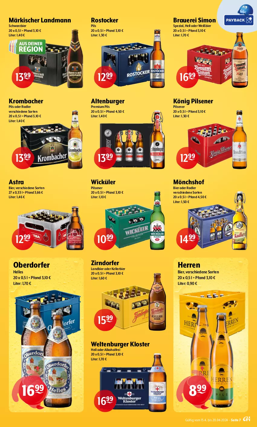 Aktueller Prospekt Getraenke Hoffmann - Prospekte - von 15.04 bis 20.04.2024 - strona 7 - produkty: alkohol, altenburger, Astra, auer, bier, burger, elle, kellerbier, könig pilsener, krombache, krombacher, krombacher pils, mönchshof, oder radler, pils, pilsener, premium pils, radler, Rostocker, sim, Spezi, Ti, WICK