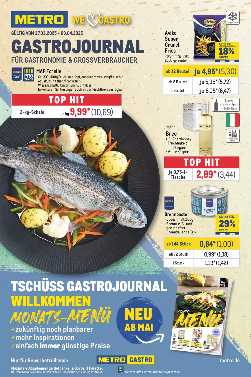 Aktueller Prospekt Metro - GastroJournal - von 27.03 bis 09.04.2025 - strona 1 - produkty: aqua, auer, beutel, bree, Brennpaste, chardonnay, eis, elle, fisch, fischtheke, flasche, fleisch, forelle, frucht, getränk, getränke, Metro, Palette, Rauch, rel, Schal, Schale, Ti