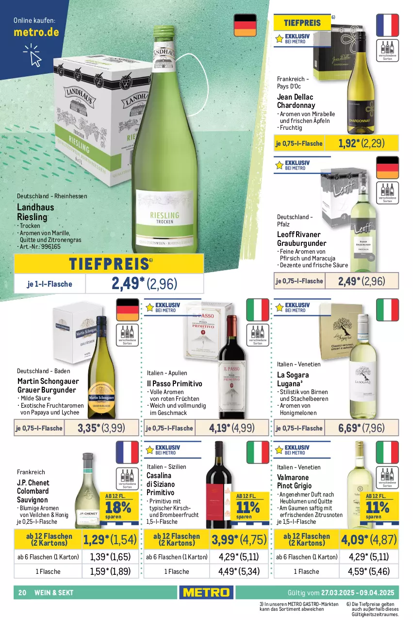 Aktueller Prospekt Metro - GastroJournal - von 27.03 bis 09.04.2025 - strona 20 - produkty: apfel, auer, Bad, beere, beeren, Birnen, blume, blumen, brut, burgunder, Casali, Cava, champagne, champagner, chardonnay, crémant de loire, cuvée, de blancs, dell, ecco, eis, elle, ente, finesse, flasche, freixenet, frizzante, frucht, früchte, früchten, fürst von metternich, getränk, getränke, grauburgunder, grauer burgunder, henkel, henkell, henkell sekt, Henri de Verlaine, Heu, honig, honigmelone, honigmelonen, J.P. Chenet, kirsch, lachs, mac, maracuja, martini, melone, melonen, Metro, metro gastro, Mett, metternich, Palette, Papaya, passo, perla, pfirsich, Pinot, pinot grigio, primitivo, prosecco, puma, reis, riesling, Rivaner, saft, sauvignon, sekt, spumante, Stachelbeeren, Ti, tiefpreis, tisch, vanille, wein, weine, zitrone, zitronen