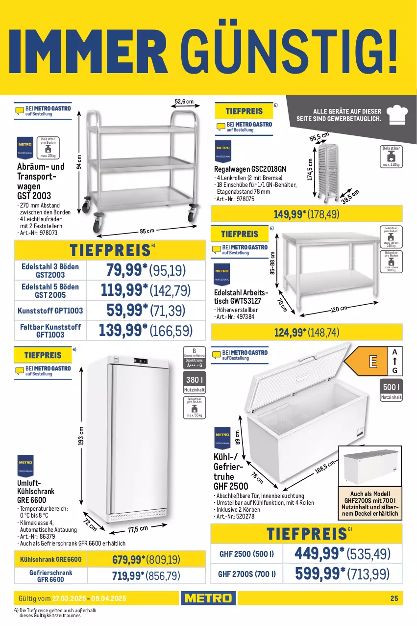 Aktueller Prospekt Metro - GastroJournal - von 27.03 bis 09.04.2025 - strona 25 - produkty: Alwa, auto, Behälter, beleuchtung, Brei, decke, Deckel, dell, edelstahl, eis, elle, garnitur, gefrierschrank, Glastür, Kehrgarnitur, kühlschrank, laufräder, Mode, regal, reis, Ria, rum, Schrank, Spektrum, Sport, teller, Ti, tiefpreis, tisch, Transportwagen