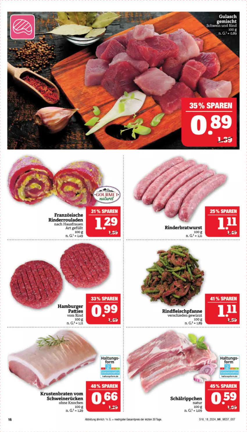 Aktueller Prospekt Marktkauf - Prospekt - von 28.04 bis 04.05.2024 - strona 16 - produkty: braten, eis, gewürz, gulasch, krustenbraten, natur, reis, rind, rinder, Rinderroulade, rinderrouladen, rouladen, schwein, schweine, schweinerücken, Ti, wein, weine, ZTE