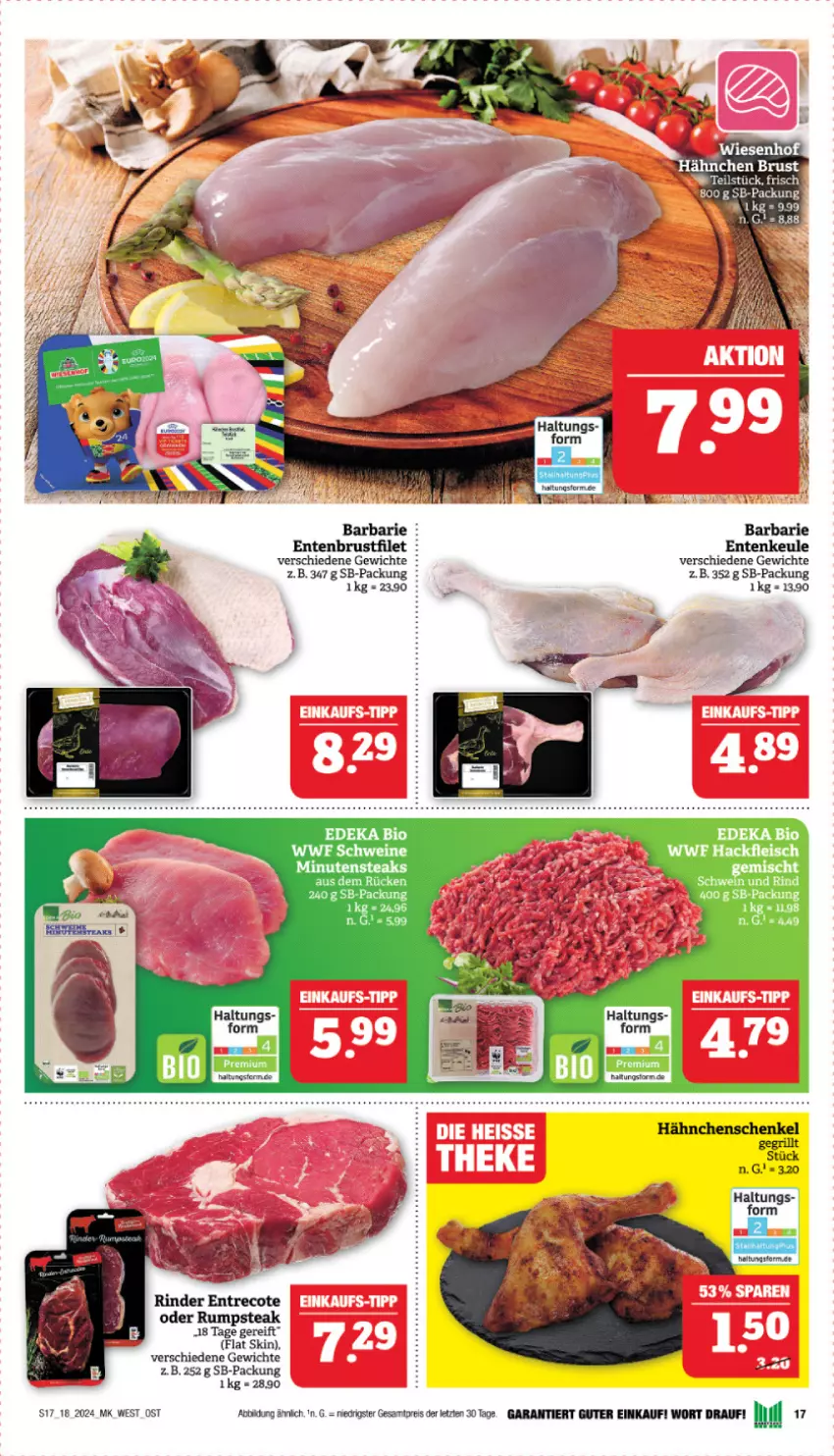 Aktueller Prospekt Marktkauf - Prospekt - von 28.04 bis 04.05.2024 - strona 17 - produkty: bio, brustfilet, deka, edeka bio, eis, ente, Entenbrust, Entenkeule, filet, oder rumpsteak, reis, rind, rinder, rum, rumpsteak, schwein, schweine, steak, Ti, wein, weine, ZTE