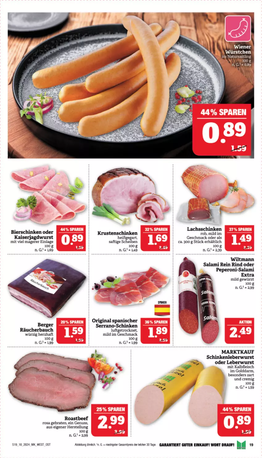 Aktueller Prospekt Marktkauf - Prospekt - von 28.04 bis 04.05.2024 - strona 19 - produkty: Bau, beef, Berger, bier, bierschinken, braten, eis, fleisch, gewürz, gin, jagdwurst, Kaiser, Kalbfleisch, Krustenschinken, lachs, lachsschinken, leberwurst, mac, mit kalbfleisch, nuss, peperoni, Peroni, reis, rind, roastbeef, saft, salami, schinken, serrano, Ti, wiltmann, wurst, ZTE