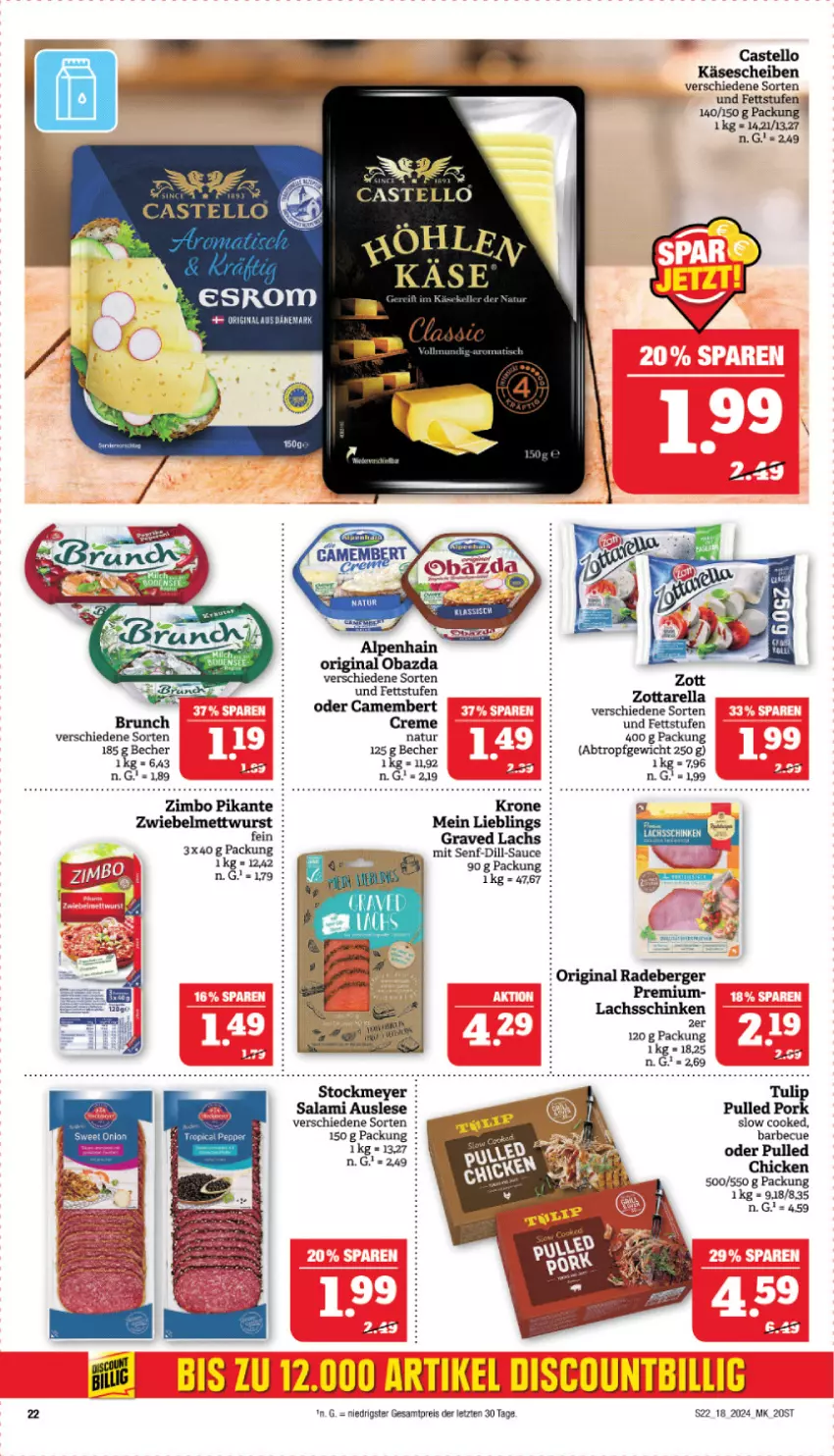 Aktueller Prospekt Marktkauf - Prospekt - von 28.04 bis 04.05.2024 - strona 22 - produkty: barbecue, Becher, Berger, camembert, creme, eis, esrom, gin, Graved Lachs, Käse, käsescheiben, krone, lachs, lachsschinken, Mett, mettwurst, natur, Pulled Pork, radeberger, reis, rel, salami, sauce, schinken, senf, stockmeyer, swirl, tulip, wurst, zimbo, zott, ZTE, zwiebel, zwiebelmettwurst