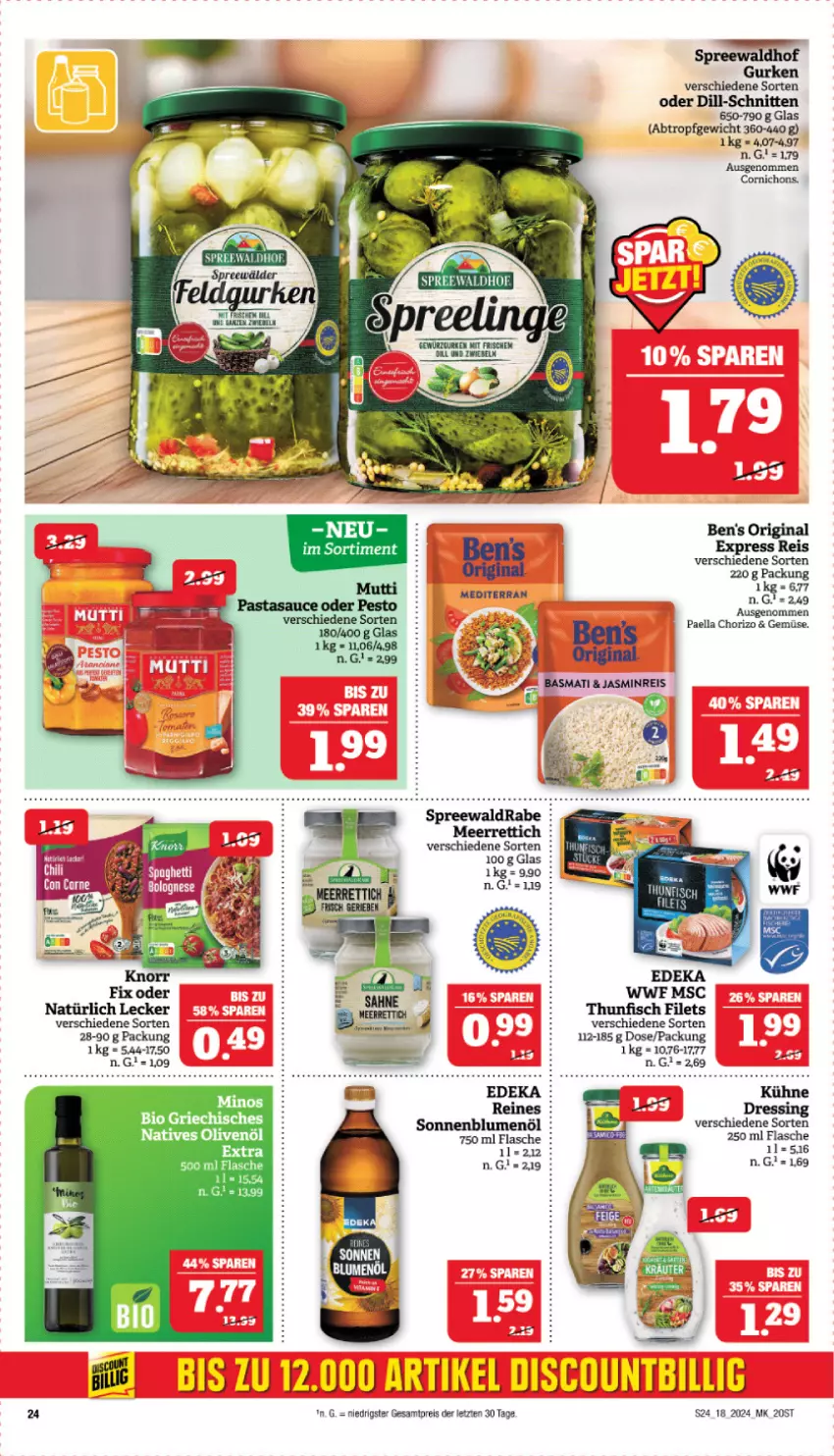 Aktueller Prospekt Marktkauf - Prospekt - von 28.04 bis 04.05.2024 - strona 24 - produkty: blume, blumen, blumenöl, chorizo, deka, dressing, eis, filet, filets, fisch, flasche, gin, gurke, gurken, Kühne, meerrettich, natives olivenöl, olive, oliven, olivenöl, paella, reis, Rettich, schnitten, sonnenblume, sonnenblumen, sonnenblumenöl, spreewaldhof, thunfisch, thunfisch filets, Ti, ZTE