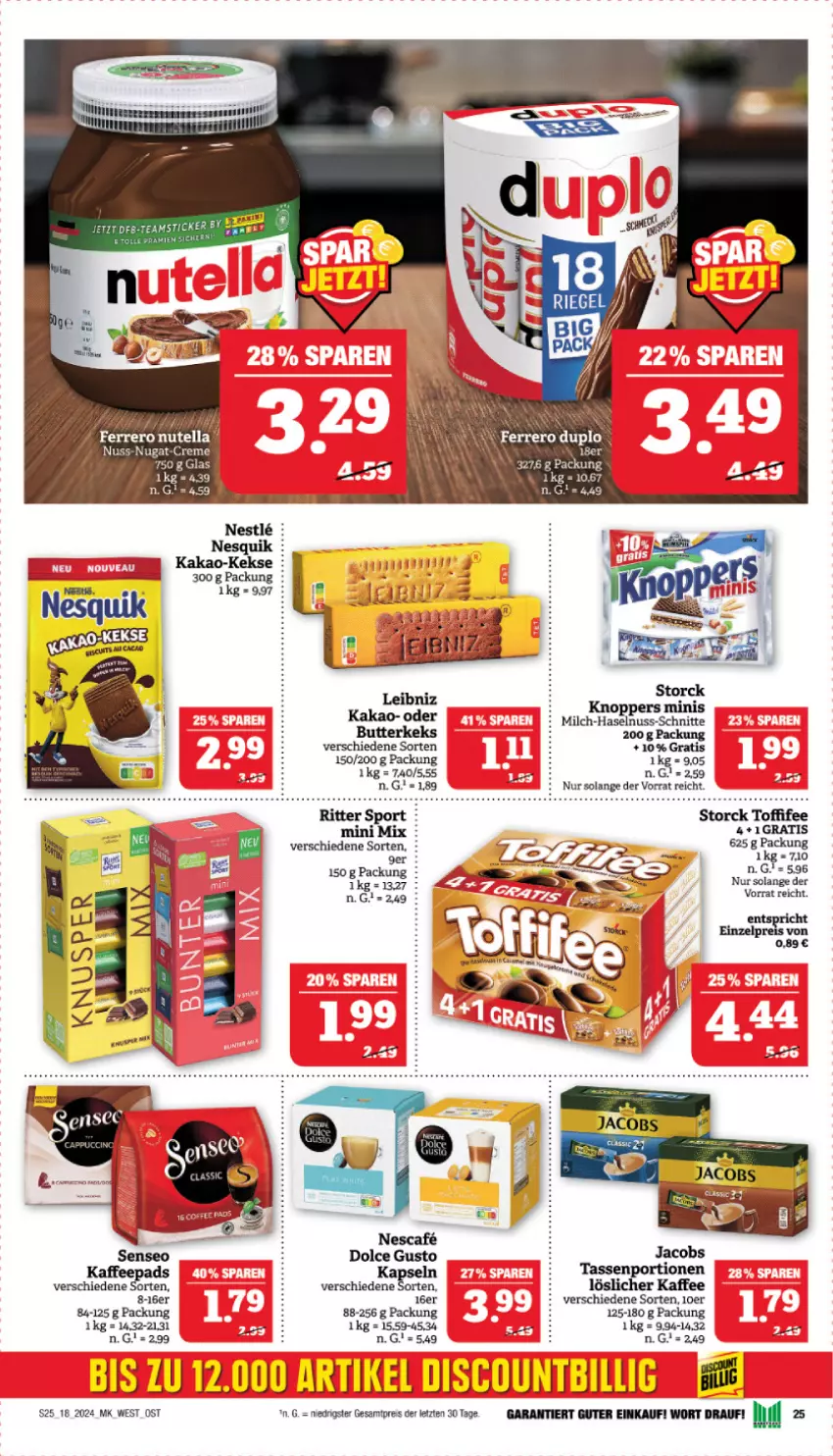 Aktueller Prospekt Marktkauf - Prospekt - von 28.04 bis 04.05.2024 - strona 25 - produkty: butter, butterkeks, creme, dolce gusto, duplo, eis, ferrero, haselnuss, jacobs, kaffee, kakao, keks, kekse, knoppers, leibniz, löslicher kaffee, milch, nesquik, nuss, nuss-nugat-creme, nutella, reis, storck, tasse, Ti, toffifee, ZTE