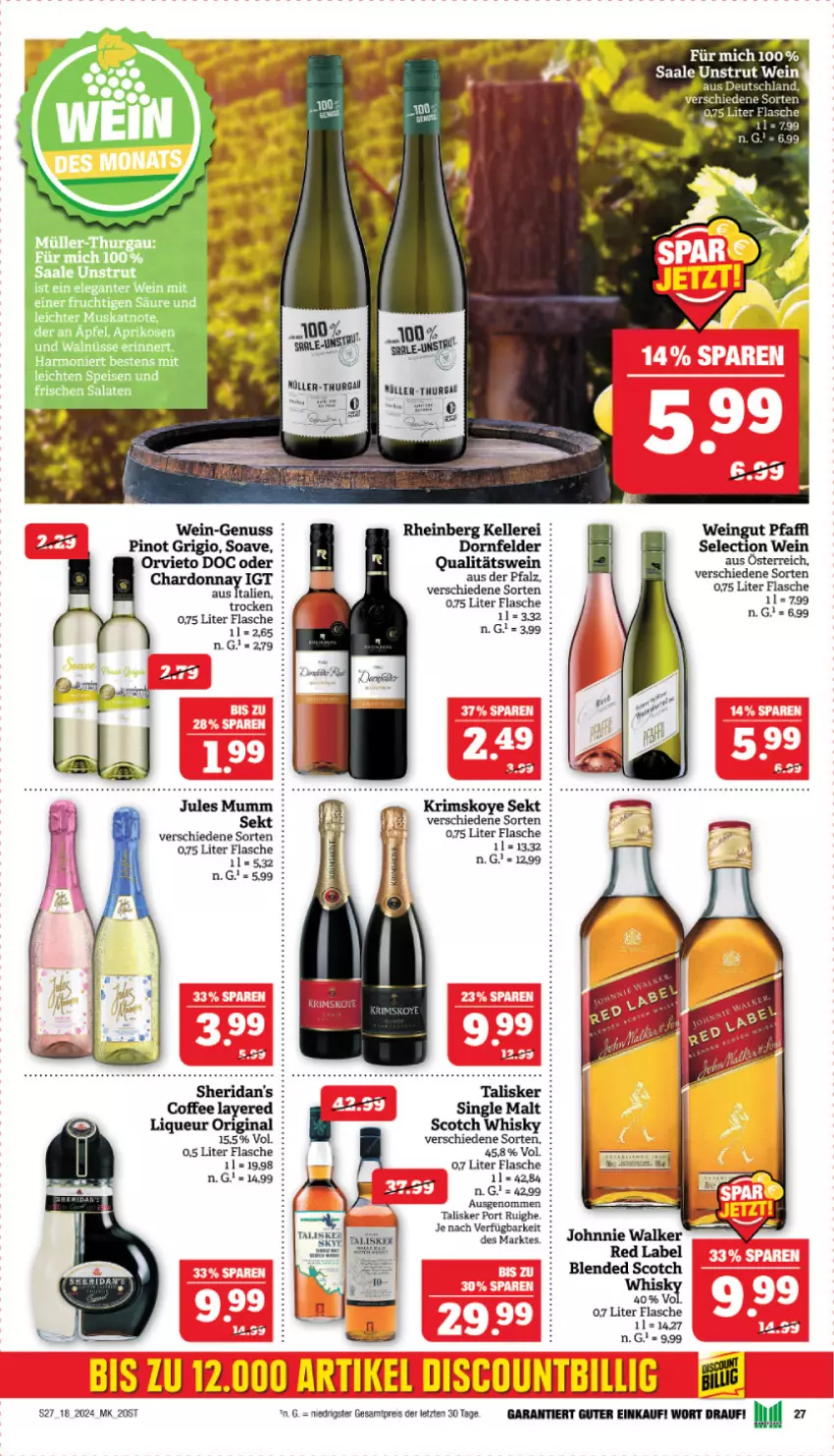 Aktueller Prospekt Marktkauf - Prospekt - von 28.04 bis 04.05.2024 - strona 27 - produkty: blended scotch, dornfelder, eis, elle, flasche, gin, jules mumm, LG, liqueur, mumm, nuss, Pinot, pinot grigio, reis, scotch, scotch whisky, sekt, single malt, Ti, wein, whisky, ZTE