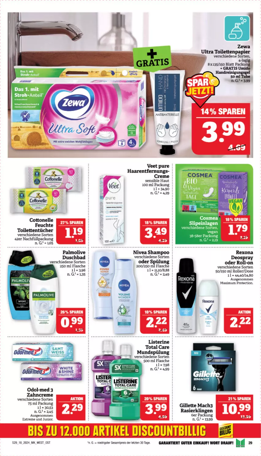 Aktueller Prospekt Marktkauf - Prospekt - von 28.04 bis 04.05.2024 - strona 29 - produkty: Bad, cottonelle, creme, deo, deospray, duschbad, eis, elle, flasche, gillette, listerine, mac, mach3, mundspülung, nivea, Odol, Odol-med 3, olive, palmolive, Rasierklinge, rasierklingen, reis, rexona, roll-on, Roller, shampoo, slip, slipeinlagen, spülung, Ti, toilettentücher, tücher, zahncreme, ZTE