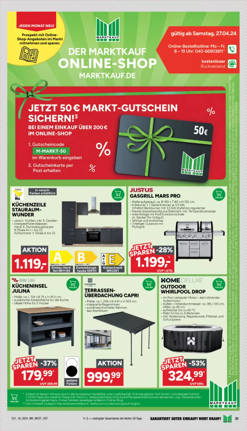 Aktueller Prospekt Marktkauf - Prospekt - von 28.04 bis 04.05.2024 - strona 31 - produkty: angebot, angebote, Bau, eis, gasgrill, grill, gutschein, korb, küche, Küchen, kuchen, Küchenzeile, kühlschrank, LG, mars, pool, reis, Schrank, Ti, uhr, Whirlpool, Yo, ZTE