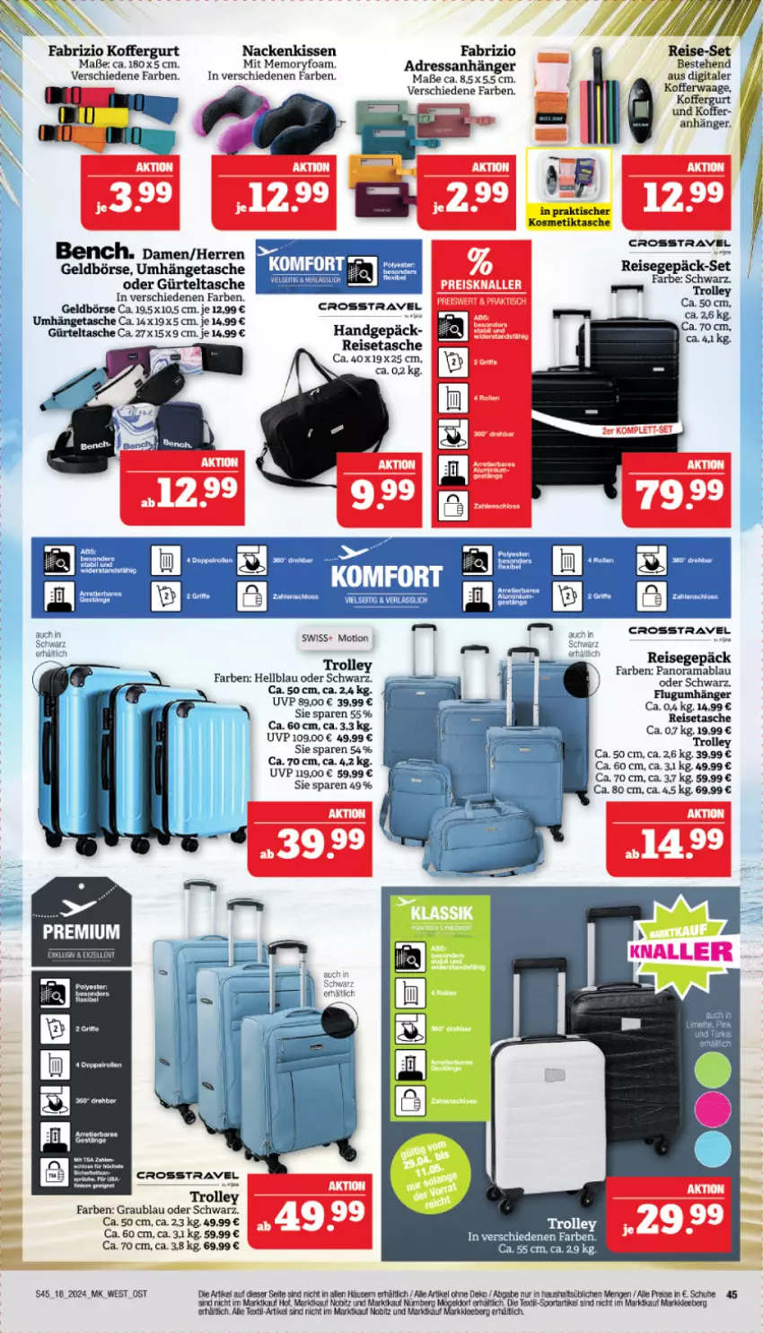 Aktueller Prospekt Marktkauf - Prospekt - von 28.04 bis 04.05.2024 - strona 45 - produkty: Brei, eis, Geldbörse, gürteltasche, kissen, koffer, mab, nackenkissen, rama, reis, reisetasche, schuhe, Sport, Tasche, tee, Ti, trolley, umhängetasche