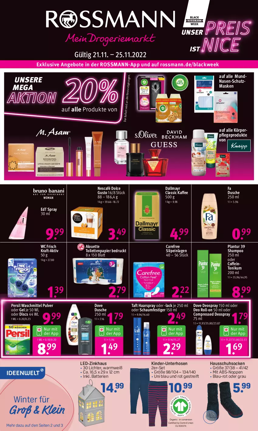 Aktueller Prospekt Rossmann - Prospekte - von 21.11 bis 25.11.2022 - strona 1 - produkty: alouette, angebot, angebote, batterie, batterien, carefree, coffein, dallmayr, deo, deo roll-on, deospray, deospray 150 ml, dolce gusto, dove, dusche, edt spray, haarspray, hose, hosen, kaffee, Kinder, körperpflege, kraft, lack, Maske, Nescafé, oder deo roll-on, oder schaumfestiger, papier, persil, persil waschmittel, roll-on, schaumfestiger, shampoo, shampoo 250 ml, slip, slipeinlagen, socken, Taft, Ti, toilettenpapier, waschmittel, wc frisch