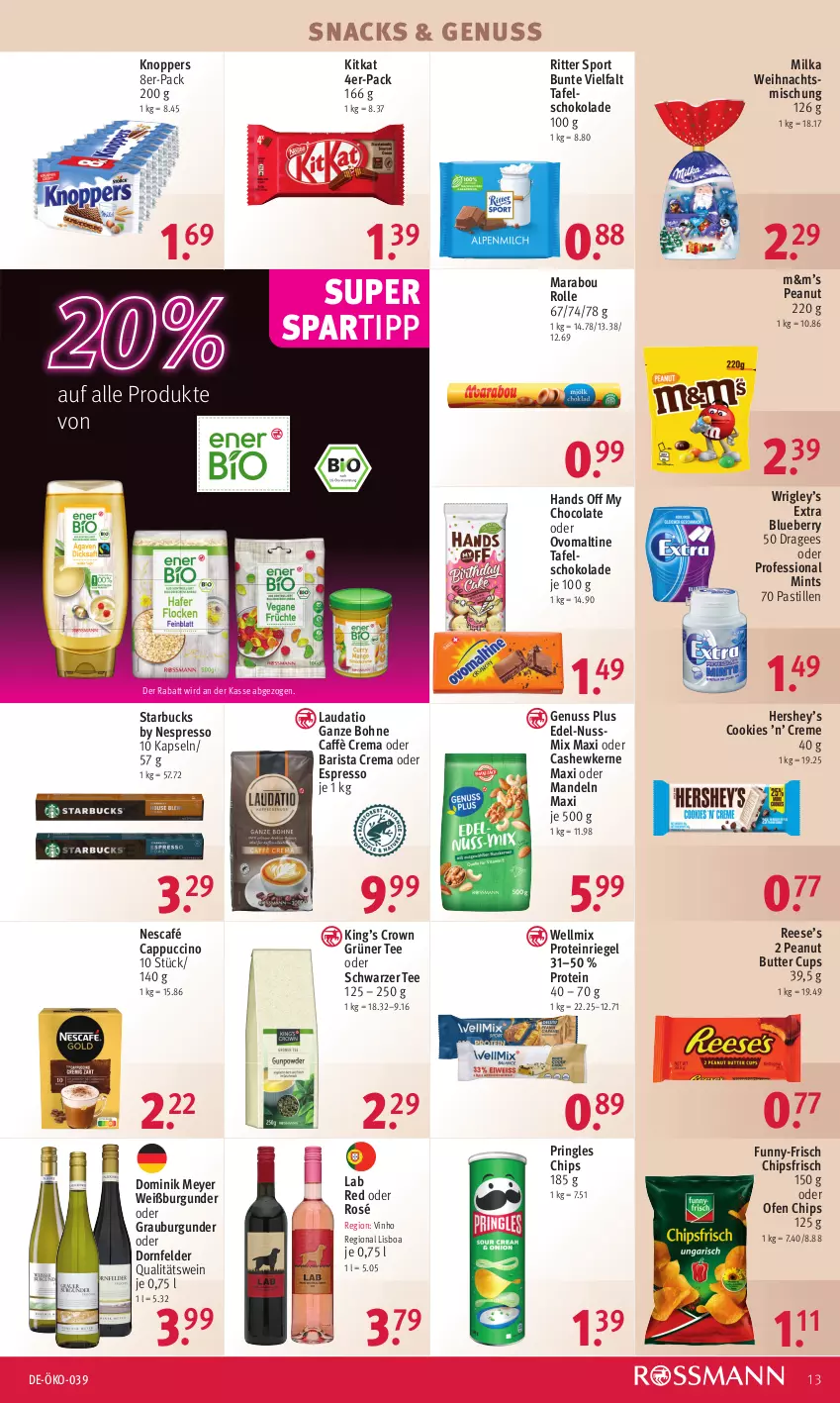 Aktueller Prospekt Rossmann - Prospekte - von 21.11 bis 25.11.2022 - strona 13 - produkty: asti, blueberry, bohne, burgunder, butter, caffè crema, Cap, cappuccino, Cashew, cashewkerne, chips, chipsfrisch, cin, cola, cookie, cookies, creme, dornfelder, espresso, funny-frisch, grauburgunder, grüner tee, kitkat, knoppers, mandel, mandeln, Marabou, milka, mint, Nescafé, nespresso, nuss, Nussmix, oder espresso, Ofen, ovomaltine, peanut butter, pringles, qualitätswein, riegel, ring, ritter, ritter sport, schoko, schokolade, schwarzer tee, snack, snacks, spartipp, Sport, starbucks, tafelschokolade, tee, Ti, wein, Weißburgunder