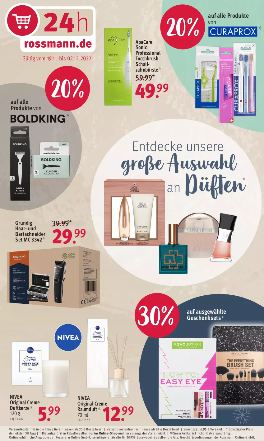 Aktueller Prospekt Rossmann - Prospekte - von 21.11 bis 25.11.2022 - strona 19 - produkty: angebot, angebote, bartschneider, bürste, creme, decke, Duftkerze, eis, geschenkset, gin, grundig, kerze, LG, ndk, nivea, Raumduft, reis, Schal, schallzahnbürste, Ti, versandkostenfrei, wedel, zahnbürste, ZTE