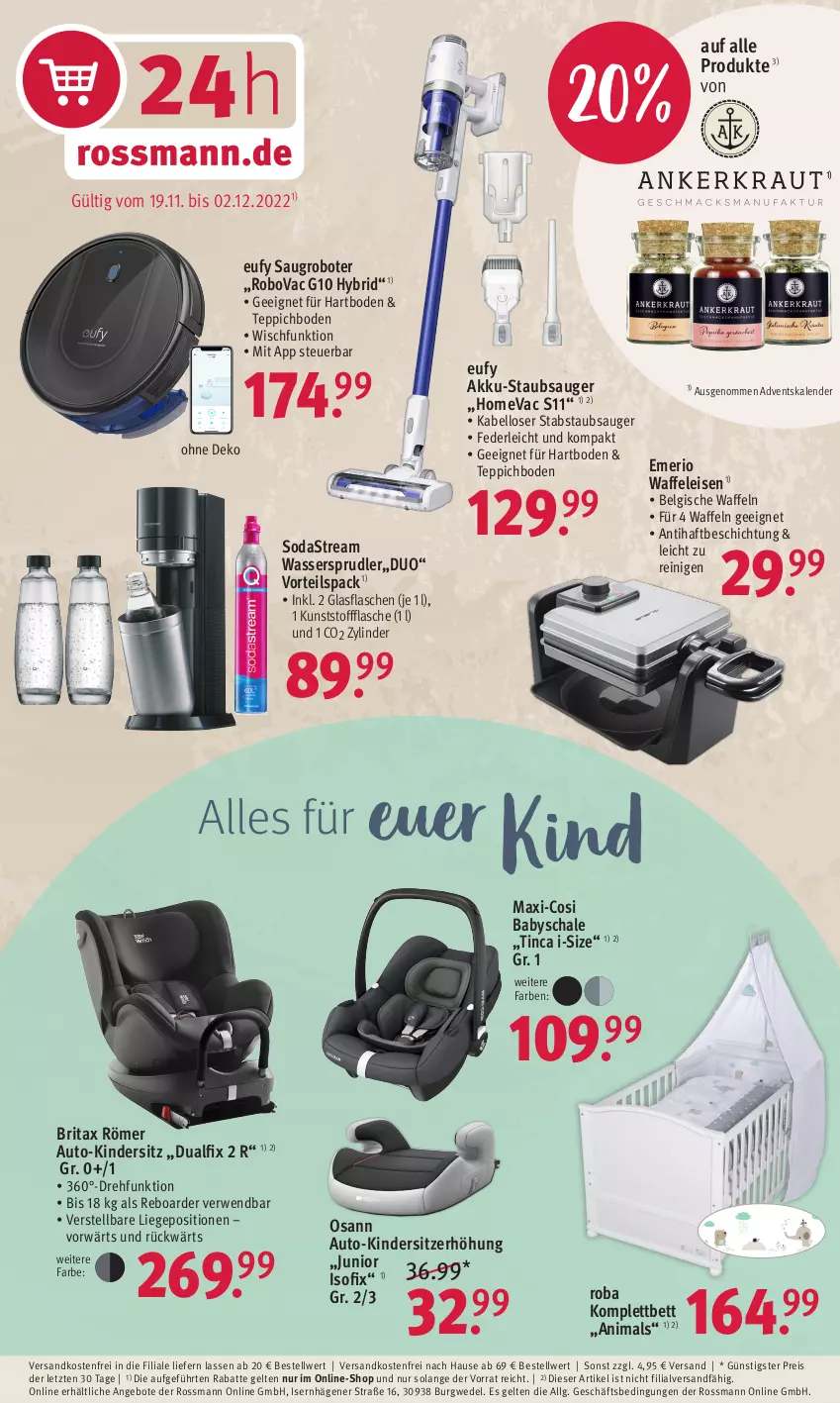 Aktueller Prospekt Rossmann - Prospekte - von 21.11 bis 25.11.2022 - strona 20 - produkty: Adventskalender, akku, Akku-Staubsauger, angebot, angebote, auto, bett, brita, eis, flasche, glasflasche, Kinder, Kindersitz, LG, Liege, ndk, reis, roba, rwe, Saugroboter, Schal, Schale, Sitzerhöhung, Soda, sodastream, staubsauger, teppich, teppichboden, Ti, versandkostenfrei, Waffeleisen, waffeln, wasser, wassersprudler, wedel, ZTE