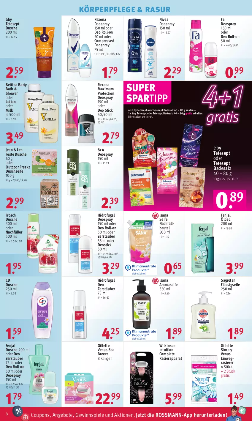 Aktueller Prospekt Rossmann - Prospekte - von 21.11 bis 25.11.2022 - strona 8 - produkty: angebot, angebote, Bad, bett, beutel, bree, coupon, coupons, deo, deo roll-on, deospray, deospray 150 ml, Deostick, dusche, einwegrasierer, flüssigseife, Frosch, gewinnspiel, gillette, gillette venus, isana, körperpflege, Lotion, nivea, oder deo roll-on, oder deospray, rasierapparat, rasierer, rexona, roll-on, sagrotan, salz, sana, Seife, sim, spartipp, Spiele, Ti, Tiere, venus, wilkinson