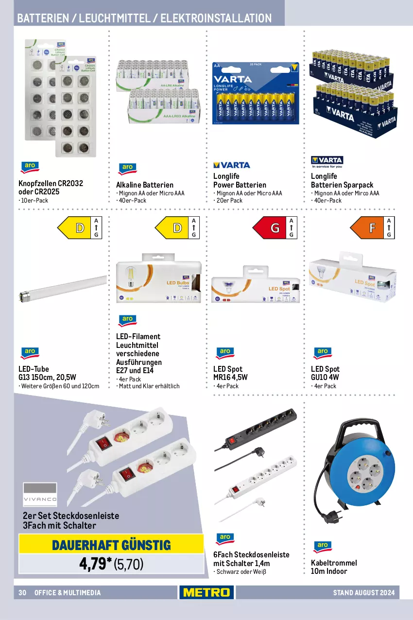 Aktueller Prospekt Metro - Office & Multimedia - von 22.08 bis 31.12.2024 - strona 30 - produkty: auer, batterie, batterien, eis, Elektro, elle, Kabeltrommel, leuchtmittel, longlife, Mode, office, Schal, steckdose, Steckdosenleiste, Ti, trommel