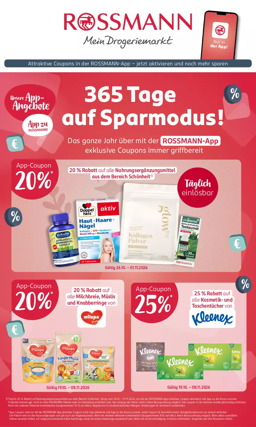 Aktueller Prospekt Rossmann - Prospekte - von 26.10 bis 30.10.2026 - strona 1 - produkty: angebot, angebote, angebotspreis, Brei, coupon, coupons, eis, kosmetik, milch, müsli, reis, ring, Tasche, taschen, taschentücher, Ti, tücher