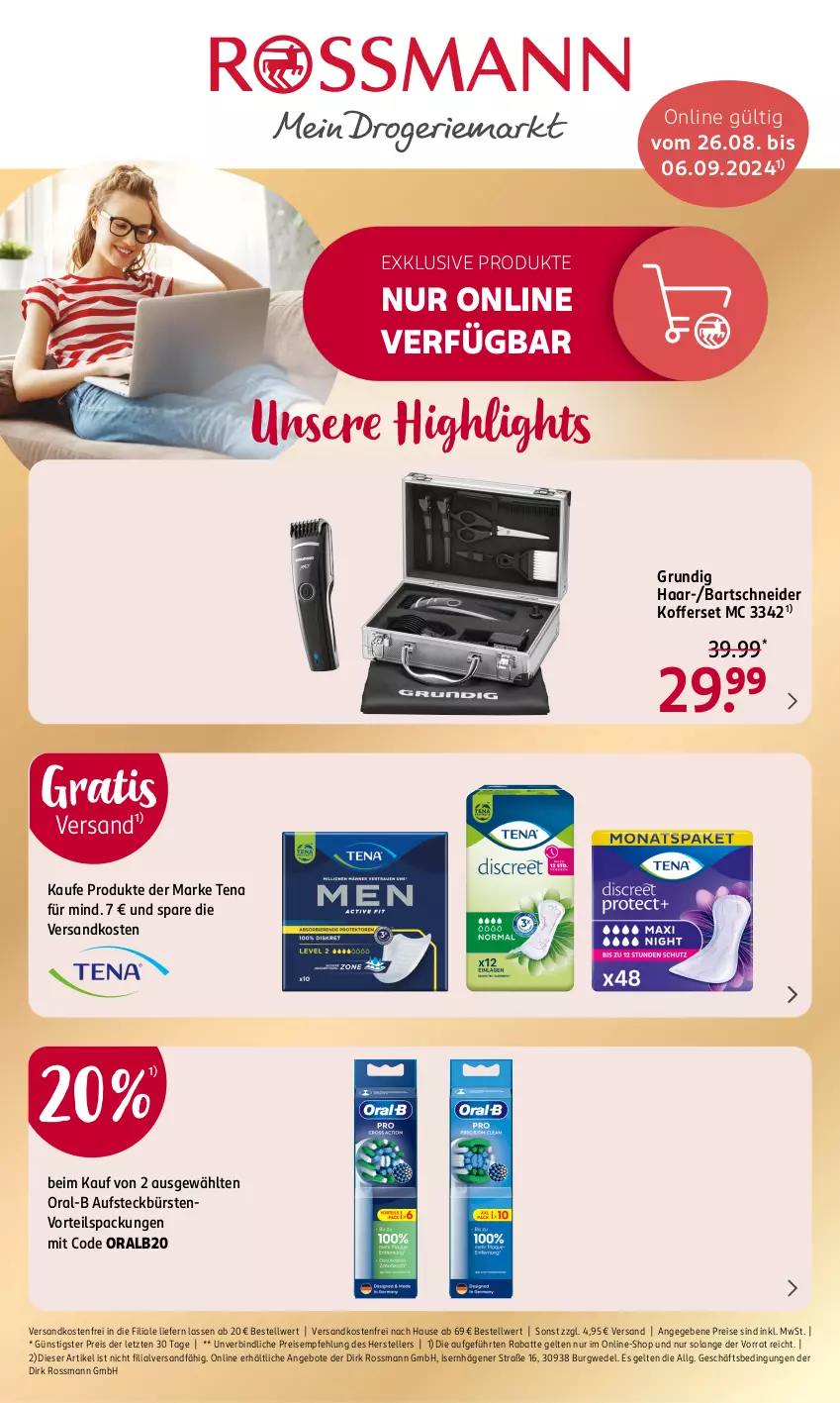 Aktueller Prospekt Rossmann - Prospekte - von 26.08 bis 06.09.2024 - strona 1 - produkty: angebot, angebote, aufsteckbürsten, bartschneider, bürste, bürsten, eis, elle, grundig, koffer, LG, ndk, oral-b, oralb, reis, teller, Ti, versandkostenfrei, wedel, ZTE